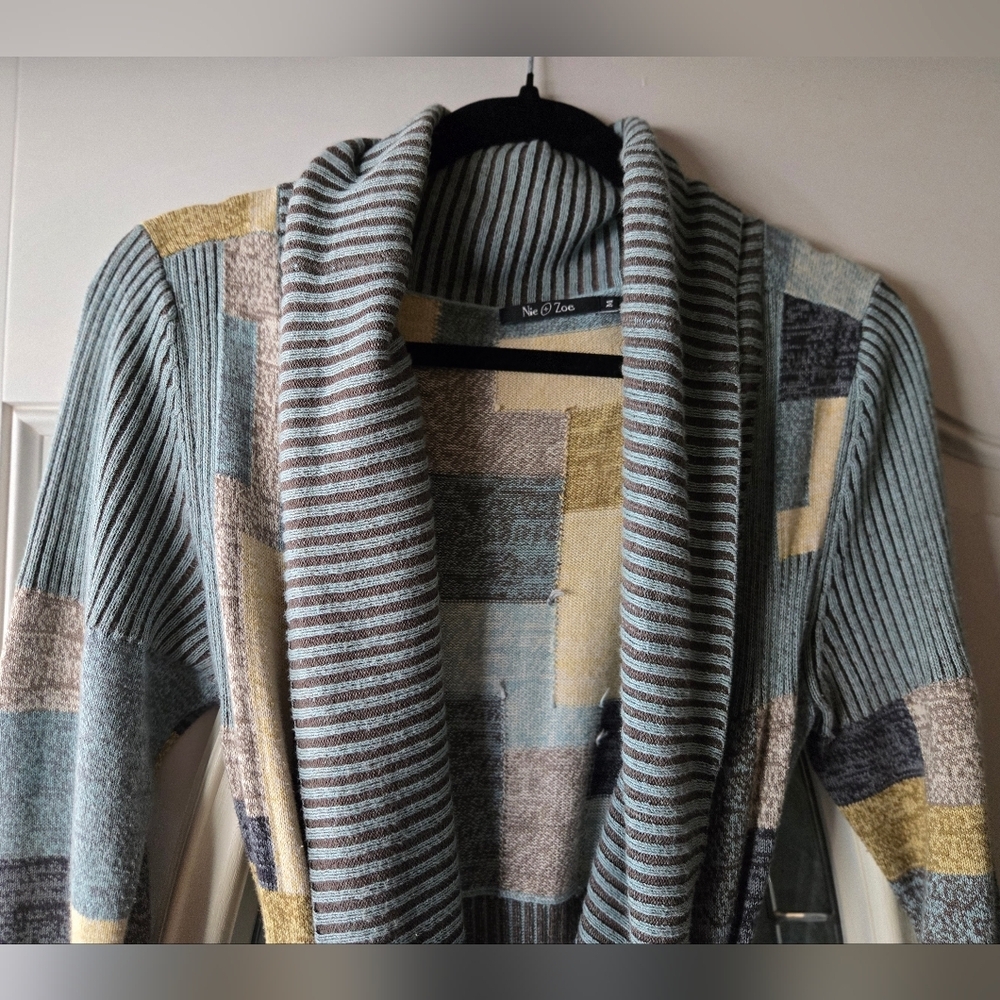 NIC+ZOE Multicolor Blue Patchwork Striped Cardigan ~Medium Cottonblend Retro - Picture 4 of 9